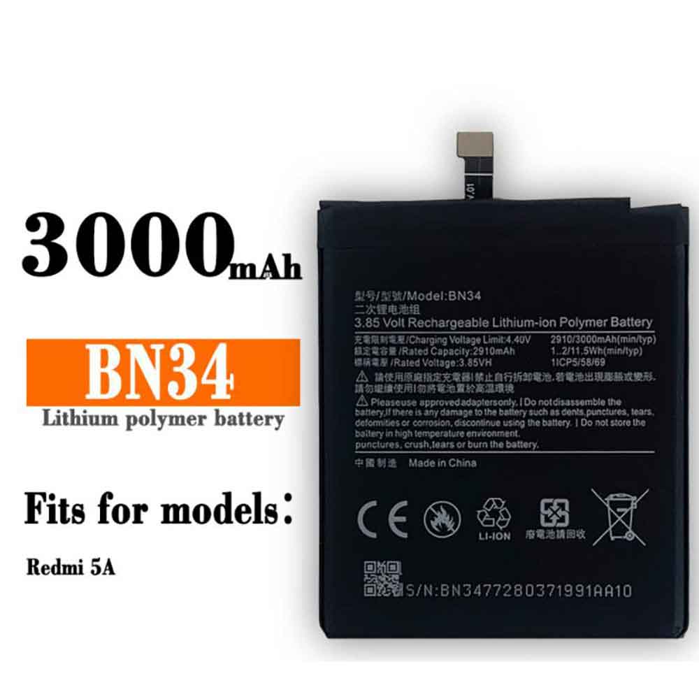Xiaomi BN34 3.85V 4.4V 3000MAH/11.5Wh Replacement Battery